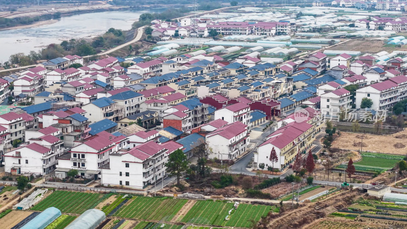 乡村住宅区与农田鸟瞰