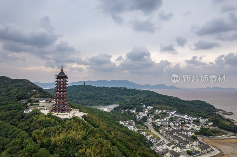 航拍浙江普陀山普门万佛宝塔