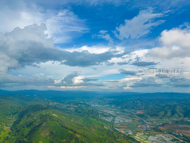 航拍天空高山农田田园村寨风光