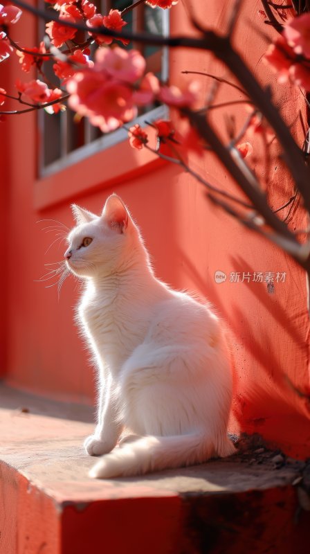 春日暖阳红墙白猫可爱猫咪晒太阳背景