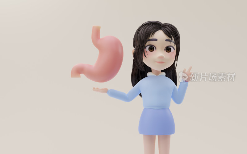 卡通风格女孩与手中的胃3D渲染