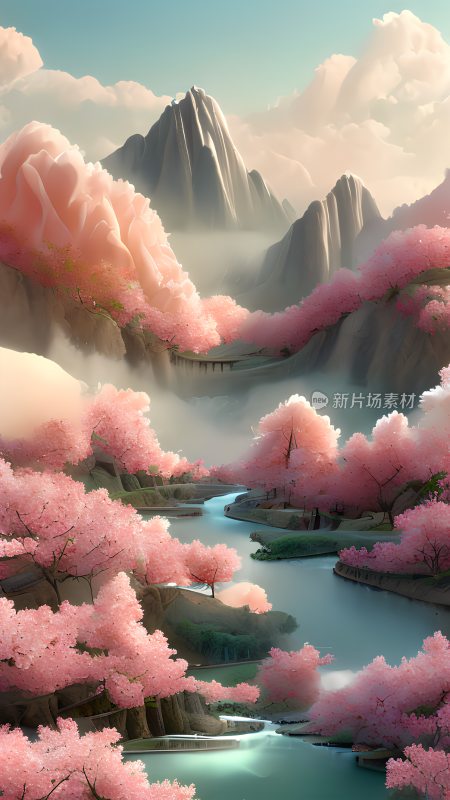 粉红色樱花盛开的山川河流