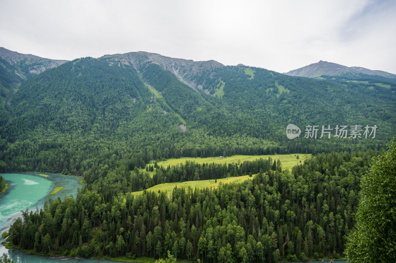 夏季新疆阿勒泰喀纳斯河月亮湾自然风光