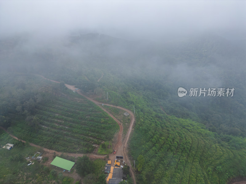 云雾缭绕中的山间营地航拍景象