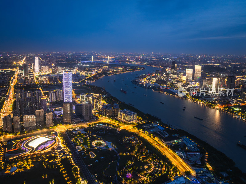 航拍上海城市夜景卢浦大桥世博园