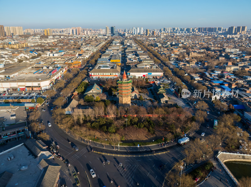 航拍河南安阳天宁寺塔和城市风光