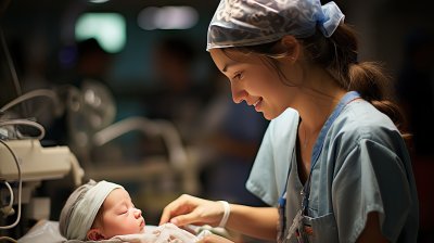 手术室内的刚出生的婴儿和医生