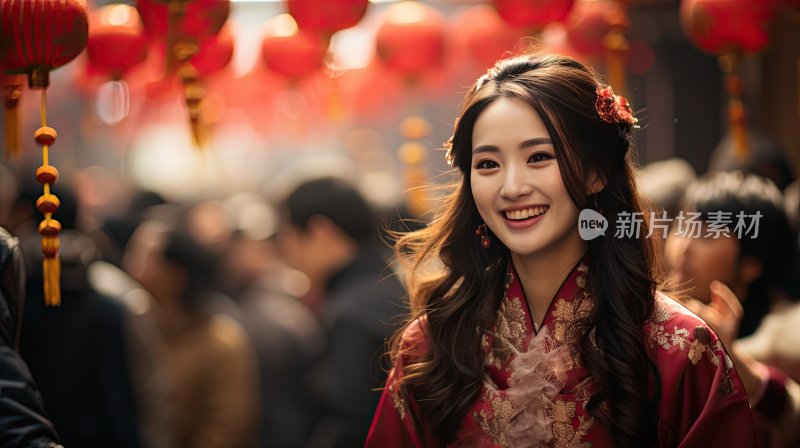 春节喜庆氛围下对着镜头微笑的亚洲女人
