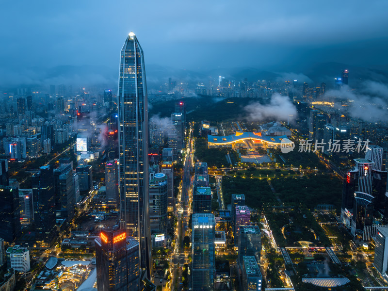 深圳福田CBD大湾区平安大厦夜景蓝调航拍