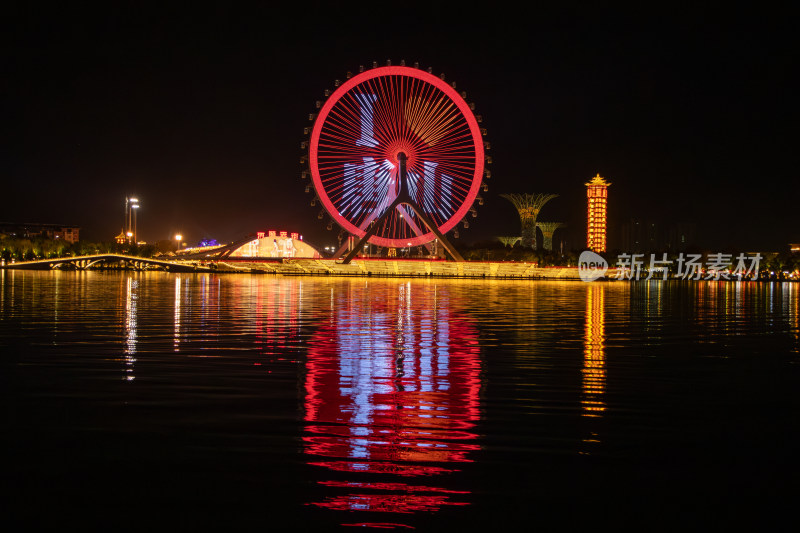 唐山惠丰湖唐山之光摩天轮夜景与湖光倒影