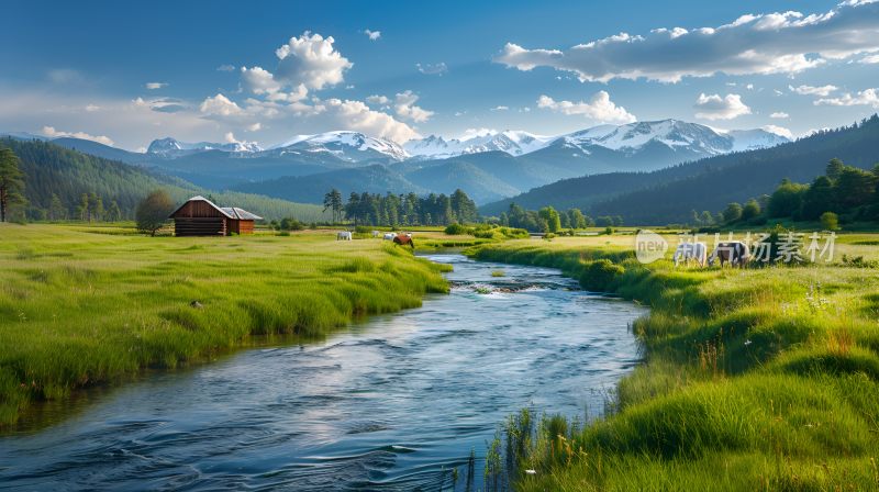 阿勒泰山间草场溪流木屋自然风光