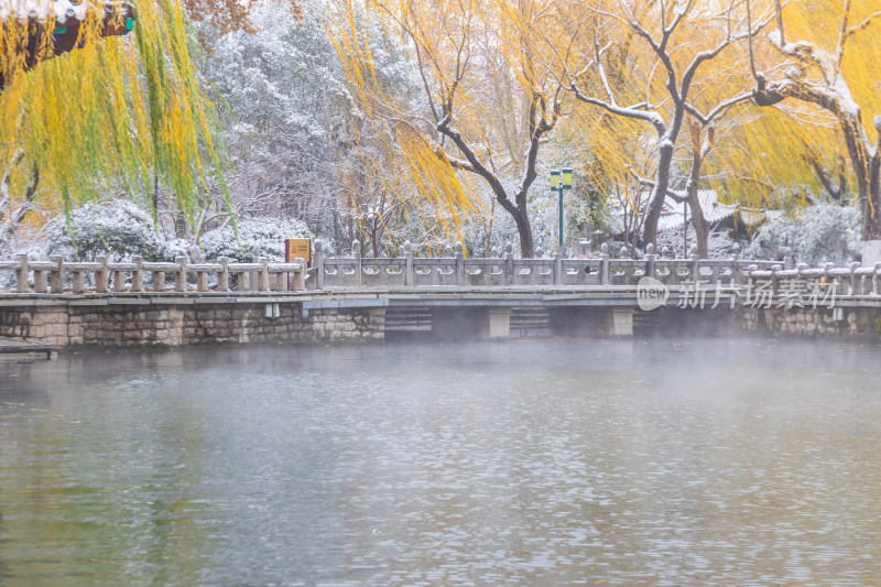 山东济南大明湖趵突泉泉水冬天雾气雪景