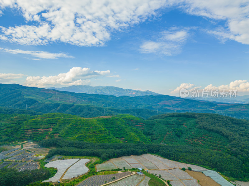 航拍天空高山农田田园村寨风光