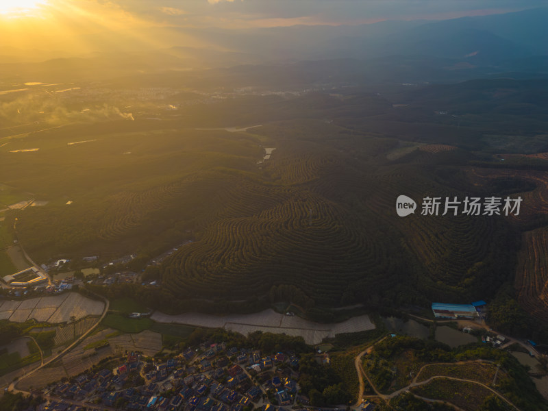 航拍日落夕阳农田村寨