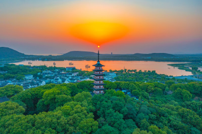 苏州铜观音寺日落航拍