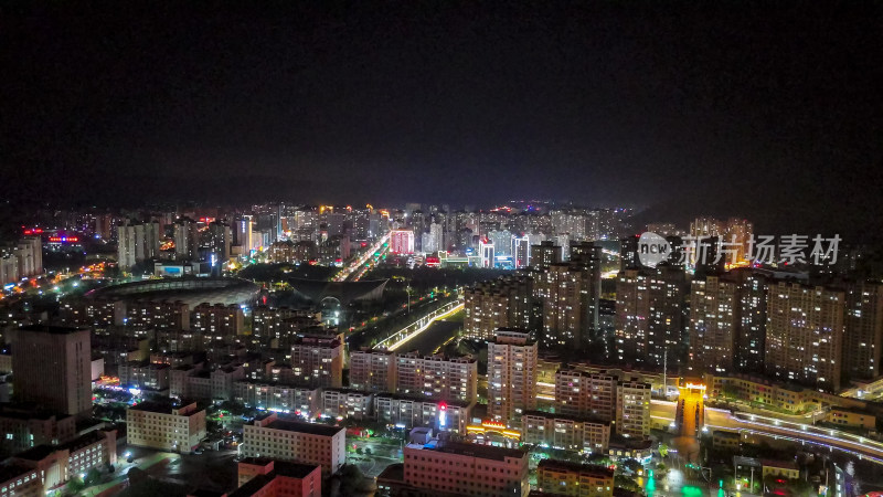 甘肃定西城市大景夜景灯光航拍图