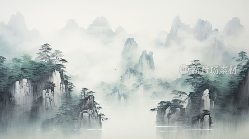 中国风水墨风景意境插画