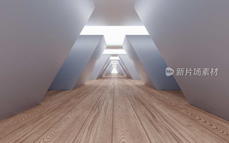 创意几何体建筑空间与木地板3D渲染
