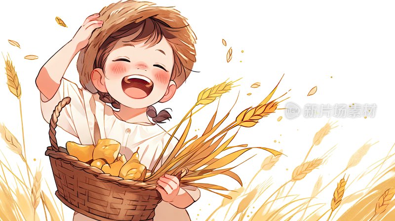 秋天丰收后抱着麦子收成的小孩