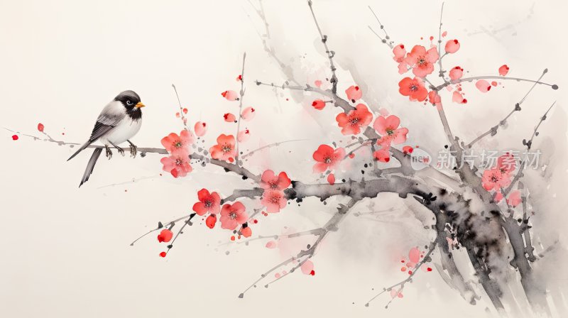 水墨画，小鸟站在开满梅花的树枝上