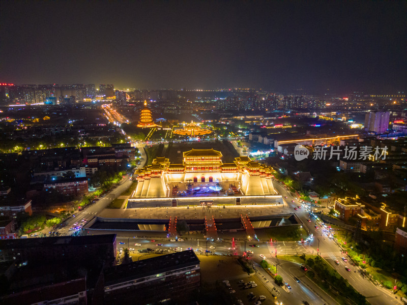 广西桂林日月双塔夜景灯光航拍摄影