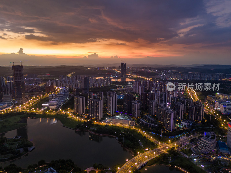 广州黄埔中新知识城日落夜景航拍