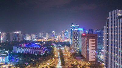 青海西宁市海湖新区海湖广场CBD夜景航拍