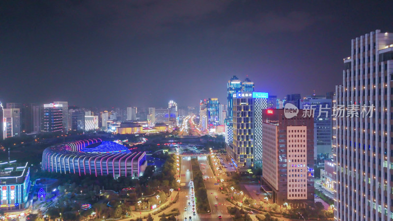 青海西宁市海湖新区海湖广场CBD夜景航拍