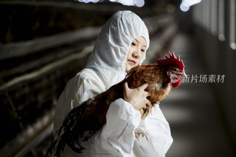 身穿防护服怀抱家禽的年轻女性饲养员