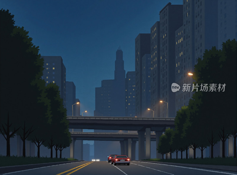 夜晚城市道路与高架桥景象