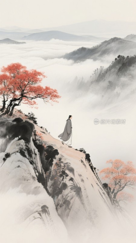 古装诗人人物立于云海间