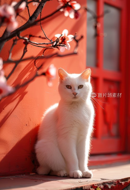 春日暖阳红墙白猫可爱猫咪晒太阳背景