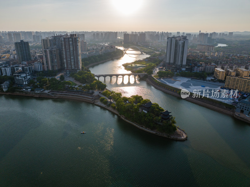 日落黄昏 航拍湖南衡阳 湘江蒸水 石鼓书院