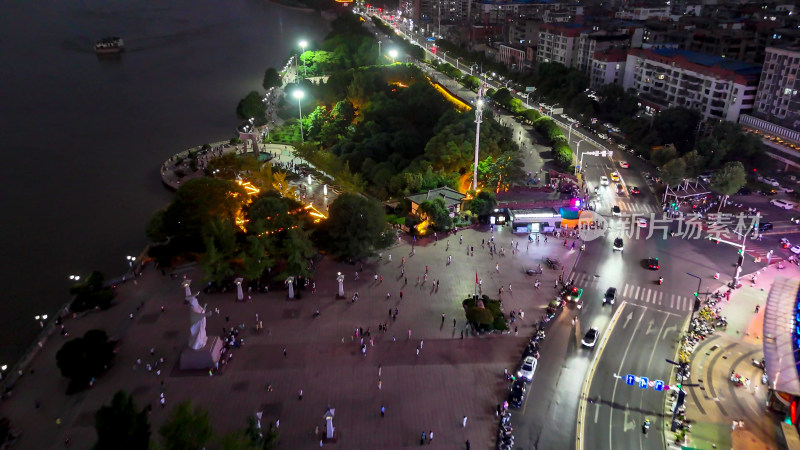 航拍湖北鄂州沿江大道夜景交通