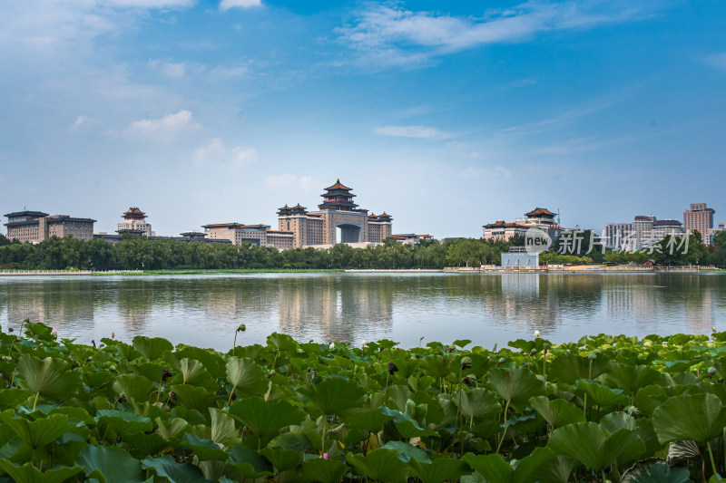 北京西站莲花池公园火车站湖面倒影