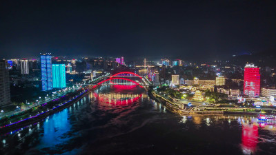 航拍四川宜宾金沙江戎州大桥夜景