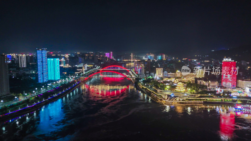 航拍四川宜宾金沙江戎州大桥夜景