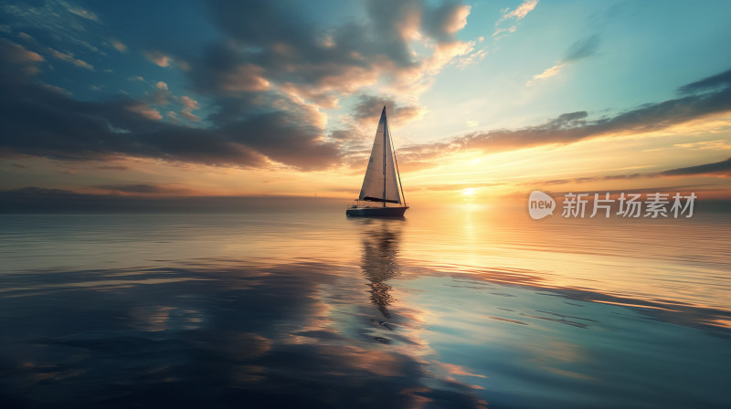 夕阳下的宁静航行：海面上的孤帆剪影