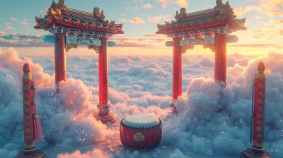 古风意境，中国国潮背景云上宫庭和鼓
