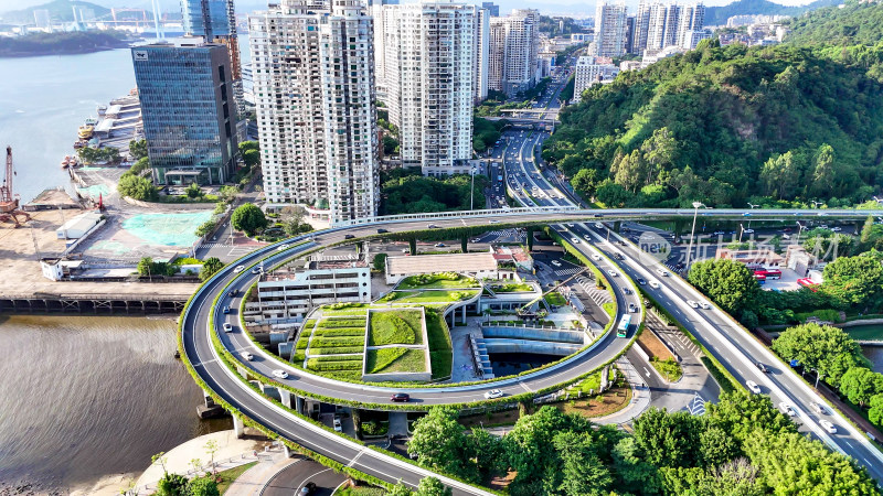 福建厦门城市高架桥交通转盘航拍