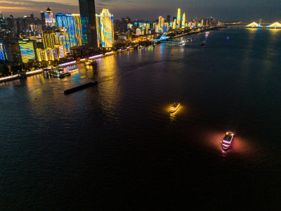 武汉城市晚霞夜景航拍图