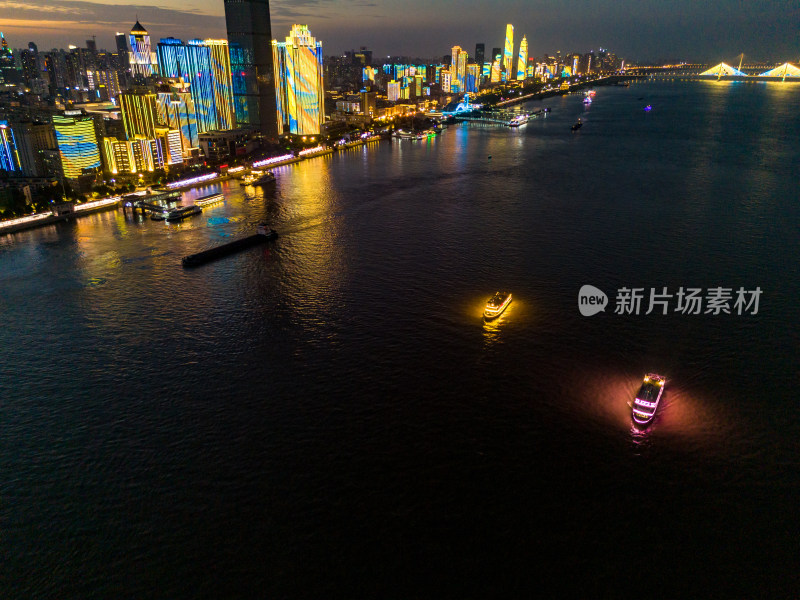 武汉城市晚霞夜景航拍图