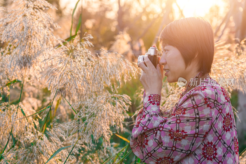 秋天在公园用照相机拍照的中国女性形象