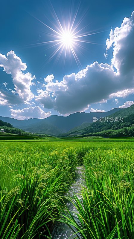 田园绿油油稻田风光溪流乡村田园背景