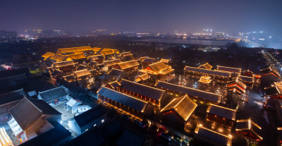 河南商丘古城雪景夜景航拍