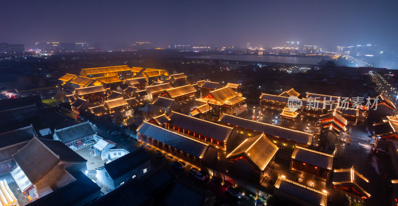 河南商丘古城雪景夜景航拍