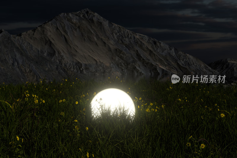 草丛里的发光球体 3D渲染