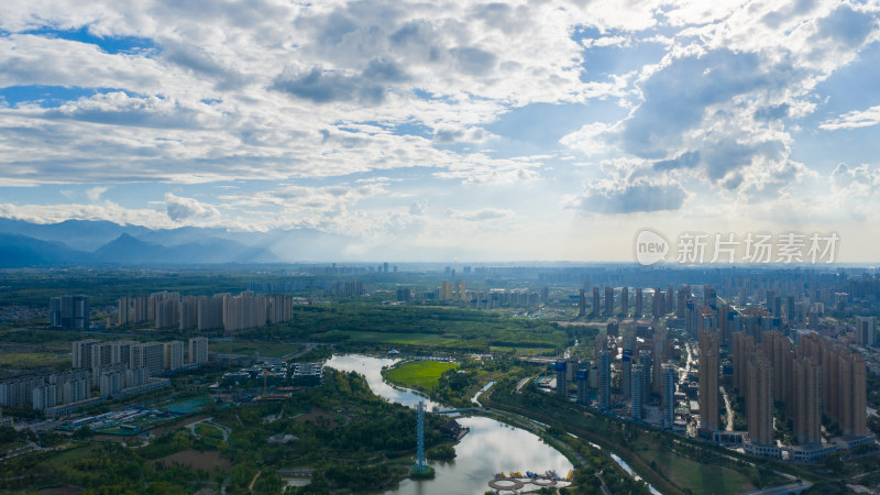 航拍蓝天下的城市公园湖面西安长安公园延时