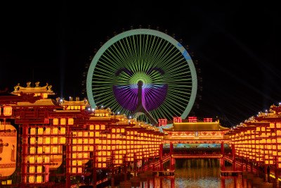 唐山河头老街夜景，唐山之光摩天轮