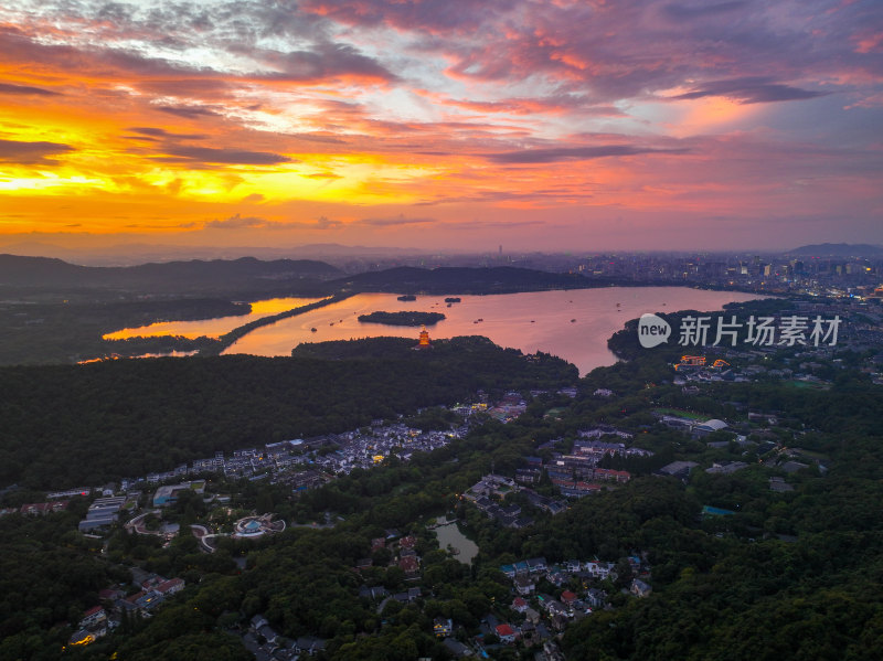 日落下的杭州西湖晚霞航拍